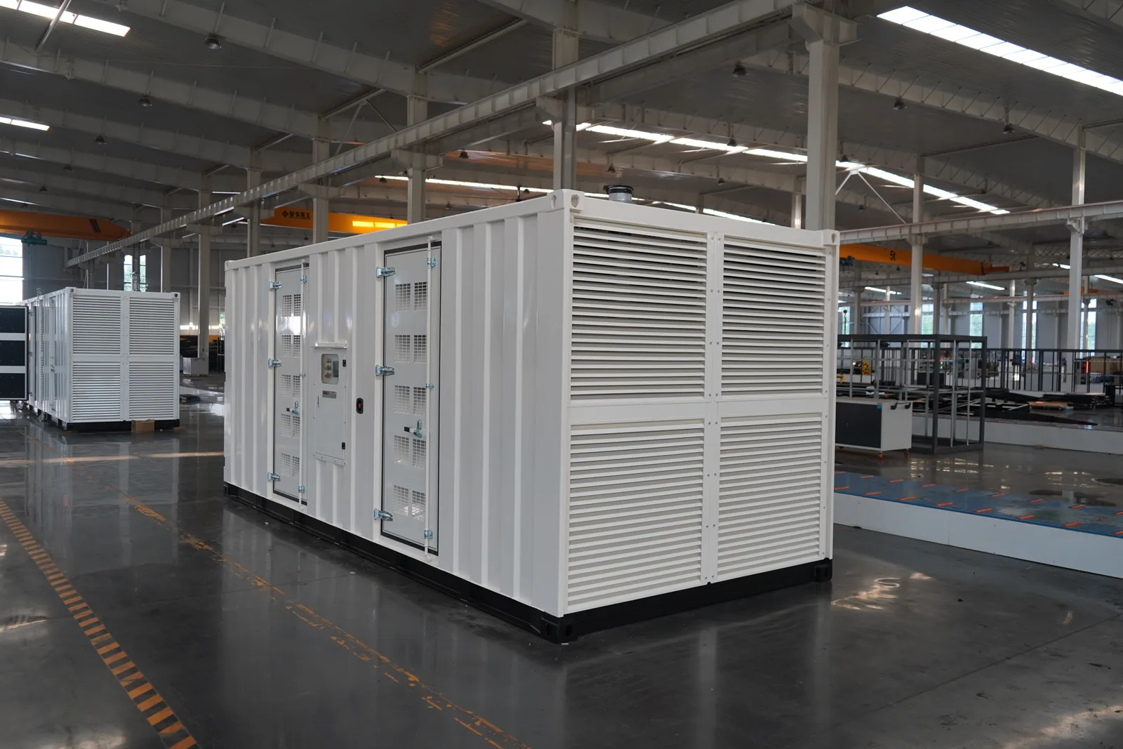 Containerized diesel power station with airflow louvers, service doors and control interfaces