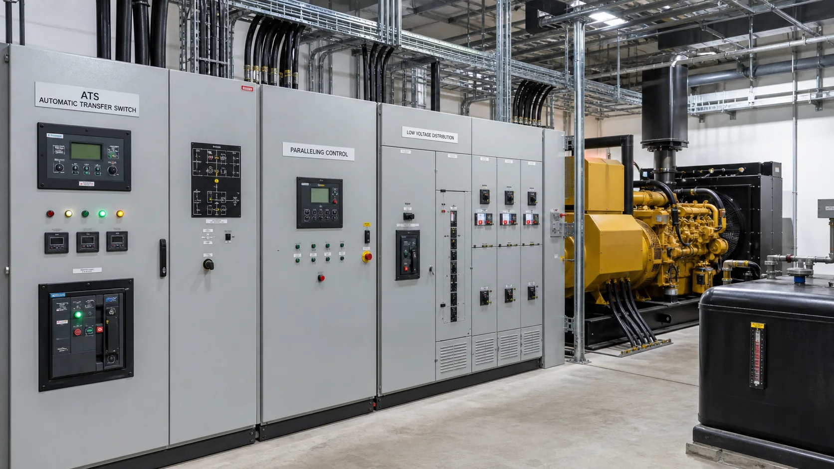 Diesel generator integrated with ATS, paralleling control and low-voltage distribution switchgear