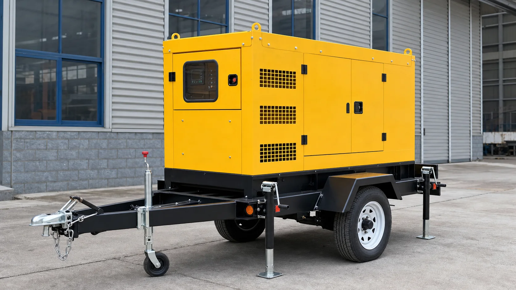 Yellow sound-attenuated diesel generator mounted on a towable trailer chassis