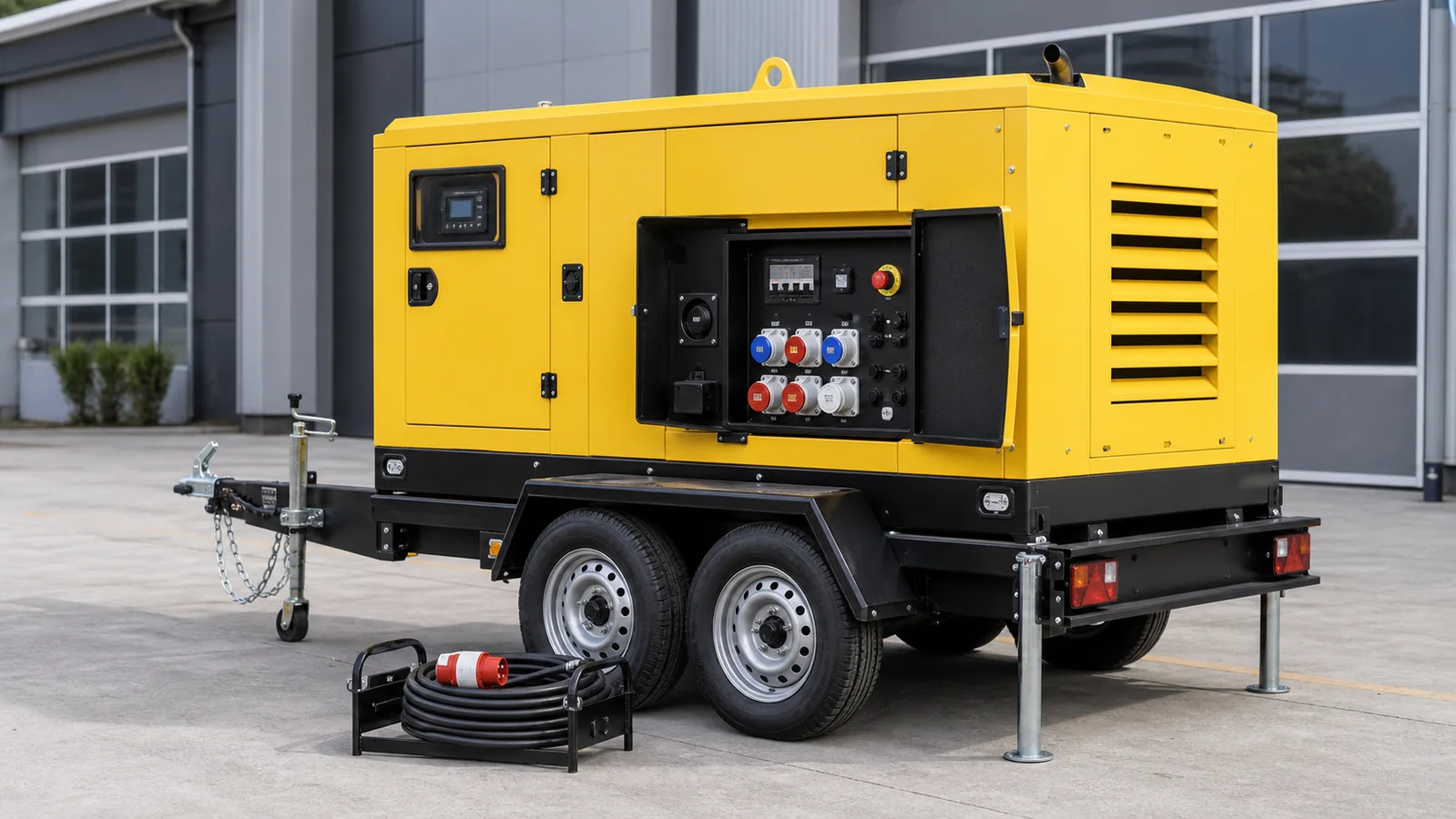 Trailer-mounted diesel generator with rapid-connection panel and stabilizers
