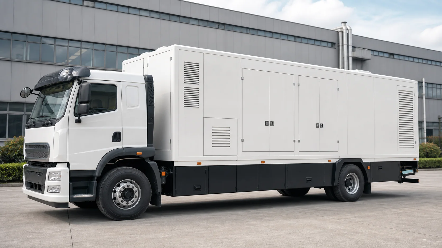 Truck-mounted mobile power station with a cab and enclosed generator body