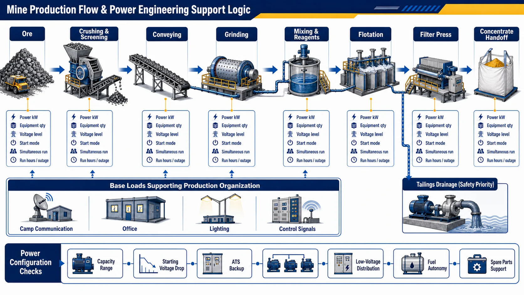 Mine production flow and power engineering support logic diagram: from ore, crushing and screening, conveying, grinding, reagent mixing, flotation and filter press to gold concentrate handoff, with base loads, tailings drainage and power configuration checks marked.